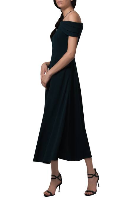 Buy_Manika Nanda_Green Heavy Moss Crepe Floral, Beads Round Off Shoulder Retro Midi Dress _Online_at_Aza_Fashions