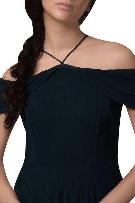 Shop_Manika Nanda_Green Heavy Moss Crepe Floral, Beads Round Off Shoulder Retro Midi Dress _Online_at_Aza_Fashions