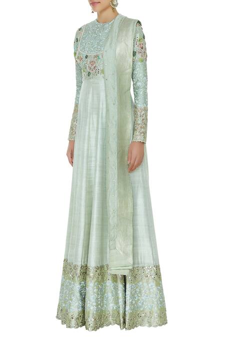 Blue Lotus Design_Blue Embroidered Yoke Anarkali Kurta With Banarasi Dupatta _Online_at_Aza_Fashions