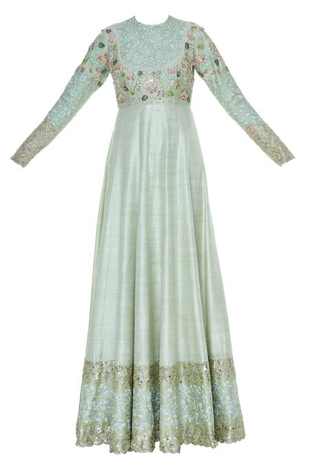 Buy_Blue Lotus Design_Blue Embroidered Yoke Anarkali Kurta With Banarasi Dupatta _Online_at_Aza_Fashions