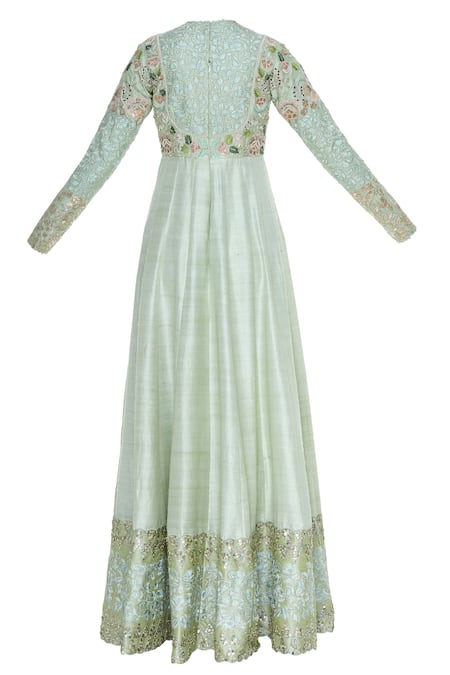 Shop_Blue Lotus Design_Blue Embroidered Yoke Anarkali Kurta With Banarasi Dupatta _Online_at_Aza_Fashions