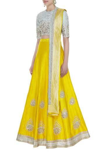 Blue Lotus Design_Yellow Booti Work Lehenga With Blouse And Embroidered Dupatta_Online_at_Aza_Fashions
