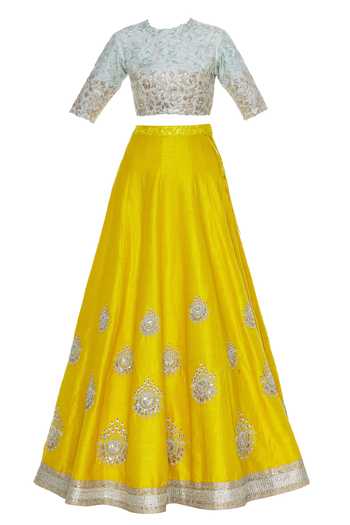 Buy_Blue Lotus Design_Yellow Booti Work Lehenga With Blouse And Embroidered Dupatta_Online_at_Aza_Fashions