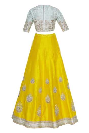 Shop_Blue Lotus Design_Yellow Booti Work Lehenga With Blouse And Embroidered Dupatta_Online_at_Aza_Fashions