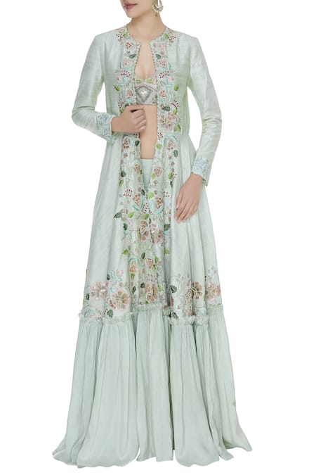 Blue Lotus Design  Embroidered Jacket Set 