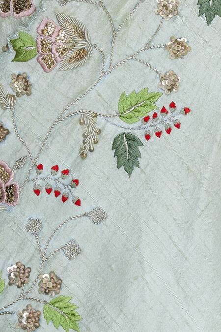 Blue Lotus Design Green Raw Silk, Tissue Open Embroidered Jacket Set at Aza Fashions Blue Lotus Design_Green Raw Silk, Tissue Open Embroidered Jacket Set _at_Aza_Fashions