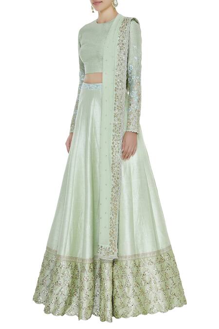 Blue Lotus Design_Green Raw Silk Embroidered Thread Mandarin Sequin Lehenga Set _Online_at_Aza_Fashions