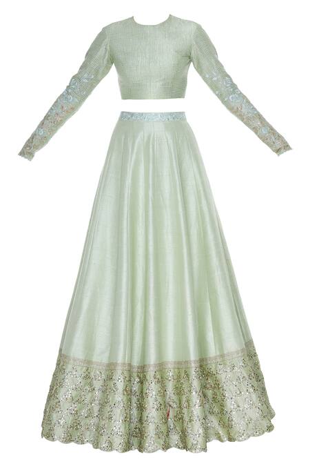 Buy_Blue Lotus Design_Green Raw Silk Embroidered Thread Mandarin Sequin Lehenga Set _Online_at_Aza_Fashions