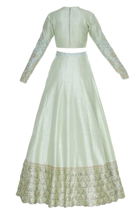 Shop_Blue Lotus Design_Green Raw Silk Embroidered Thread Mandarin Sequin Lehenga Set _Online_at_Aza_Fashions