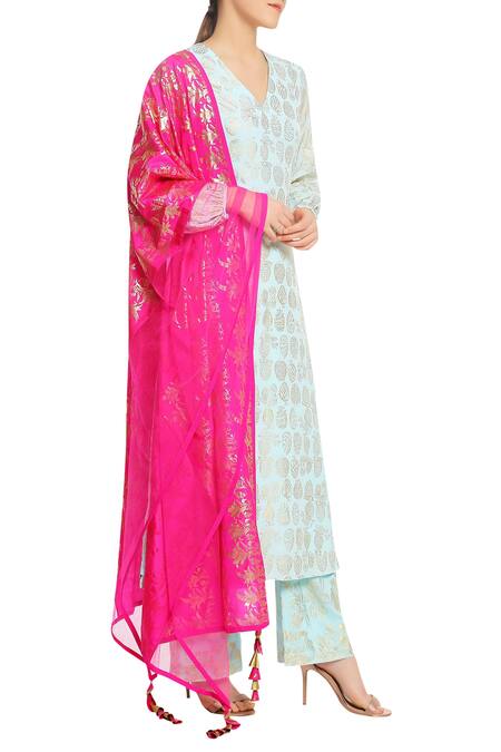 Masaba_Blue Crepe V Neck Printed Kurta Set _Online_at_Aza_Fashions