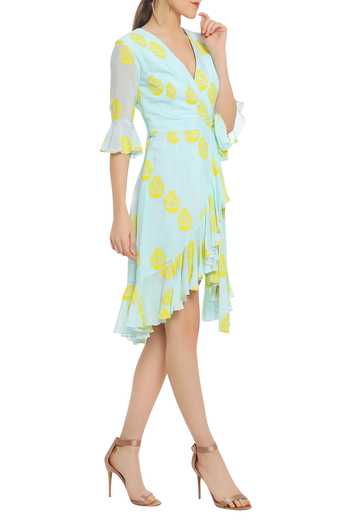 Masaba Blue Printed Wrap Dress Online at Aza Fashions Masaba_Blue Printed Wrap Dress_Online_at_Aza_Fashions