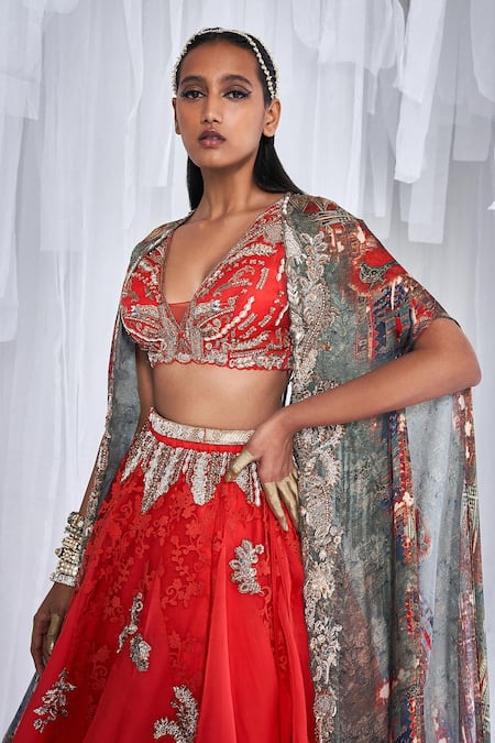 Dolly J_Red Organza, Satin Sequins, Zari, Embroidery Jazz Printed Cape Lehenga Set _Online_at_Aza_Fashions
