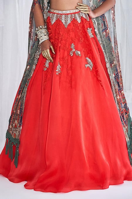 Buy_Dolly J_Red Organza, Satin Sequins, Zari, Embroidery Jazz Printed Cape Lehenga Set _Online_at_Aza_Fashions