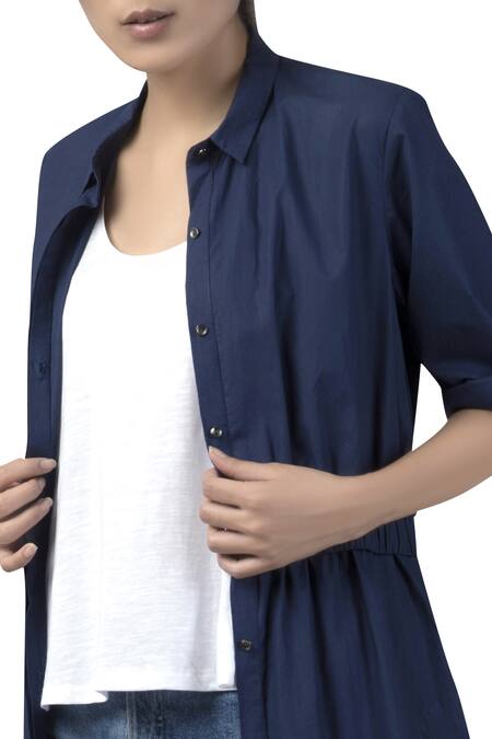 Buy Three Blue Cotton Collared Neck Front Open Shirt Dress With Elastic Detail Online at Aza Fashions Buy_Three_Blue Cotton Collared Neck Front Open Shirt Dress With Elastic Detail _Online_at_Aza_Fashions