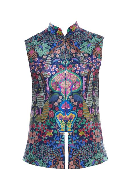 Buy_Siddhartha Bansal_Blue Peacock Print Nehru Jacket _Online_at_Aza_Fashions