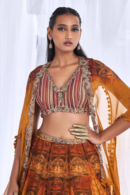 Dolly J_Yellow Organza Sequins, Embroidery, Beads Ekiya Love Border Cape Lehenga Set _Online_at_Aza_Fashions