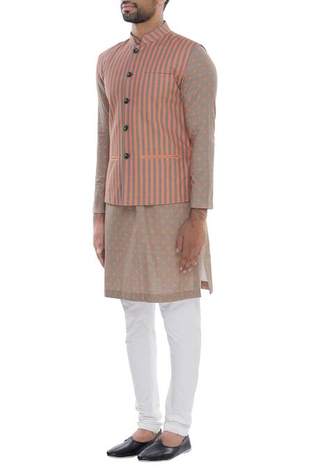 Nautanky Orange Cotton Striped Bundi Online at Aza Fashions Nautanky_Orange Cotton Striped Bundi _Online_at_Aza_Fashions