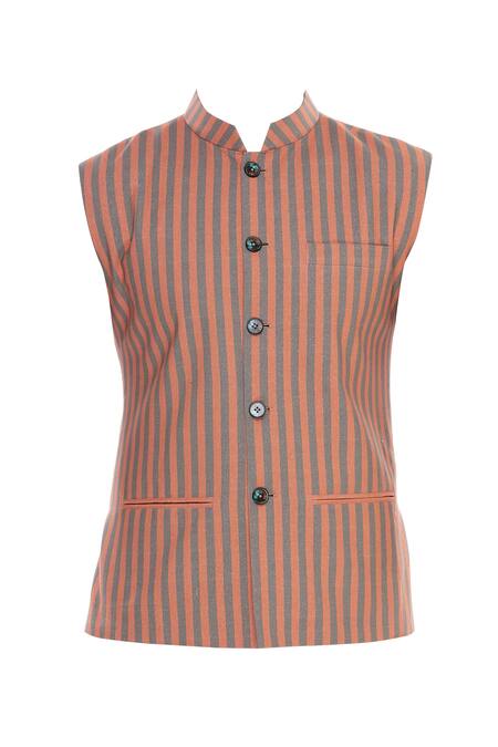 Buy Nautanky Orange Cotton Striped Bundi Online at Aza Fashions Buy_Nautanky_Orange Cotton Striped Bundi _Online_at_Aza_Fashions