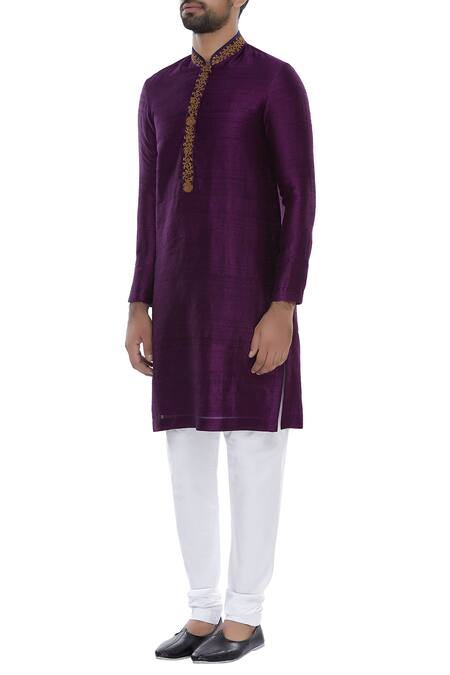 Nautanky_Purple Silk Thread Hand Embroidered Kurta With Churidar _Online_at_Aza_Fashions