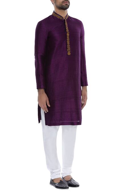 Buy_Nautanky_Purple Silk Thread Hand Embroidered Kurta With Churidar _Online_at_Aza_Fashions