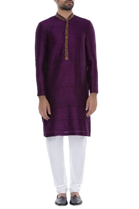 Shop_Nautanky_Purple Silk Thread Hand Embroidered Kurta With Churidar _Online_at_Aza_Fashions