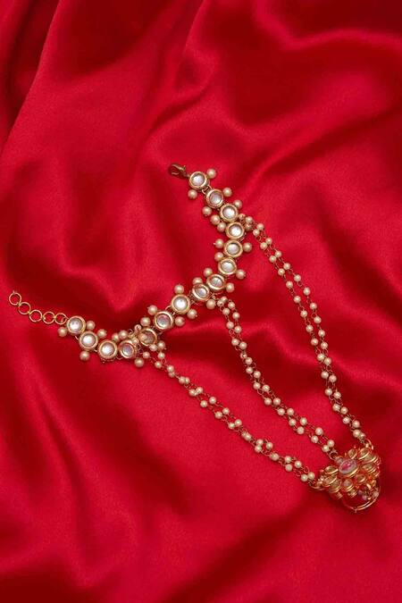 Buy_Just Shradhas_Gold Plated Pearls Kundan Hathphool  _Online_at_Aza_Fashions