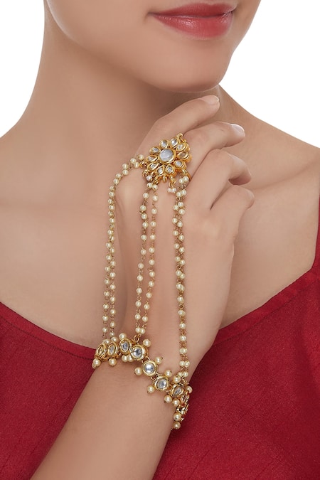 Kundan Worked Pearl stranded Designer Ring Bracelet