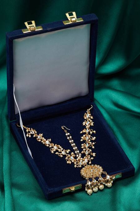 Just Shradhas_Gold Plated Floral Tiered Maangtikka _Online_at_Aza_Fashions