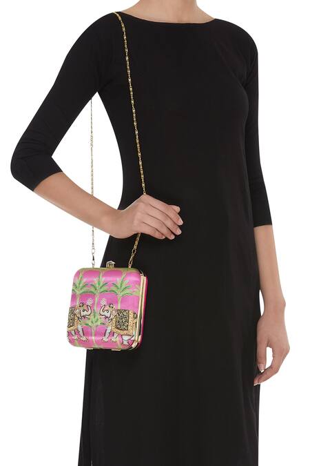 Shop Puneet Gupta Pink Zari, Embroidery, Pearls Zardozi Elephant Clutch And Pocket Square Gift Box at Aza Fashions Shop_Puneet Gupta_Pink Zari, Embroidery, Pearls Zardozi Elephant Clutch And Pocket Square Gift Box_at_Aza_Fashions