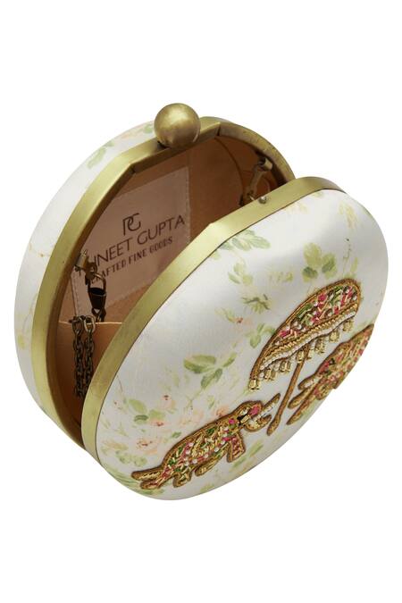 Buy_Puneet Gupta_Cream Zardozi Elephant Clutch And Pocket Square _Online_at_Aza_Fashions