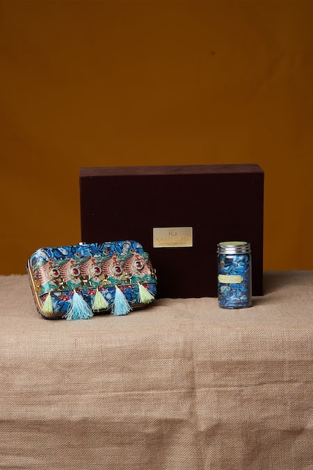 Puneet Gupta Embellished Blue Clutch & Pocket Square Set 
