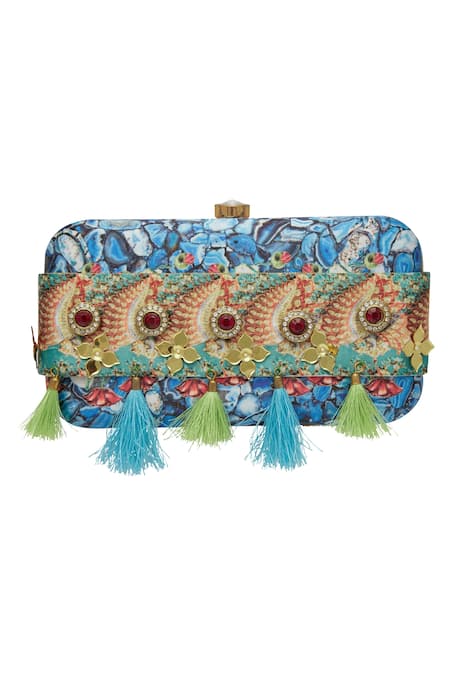 Puneet Gupta Blue Tassels Embellished Clutch And Pocket Square 