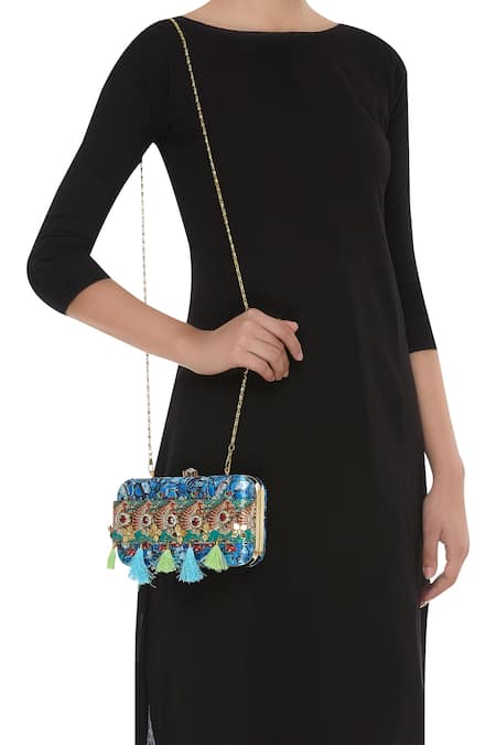 Puneet Gupta Embellished Blue Clutch & Pocket Square Set 