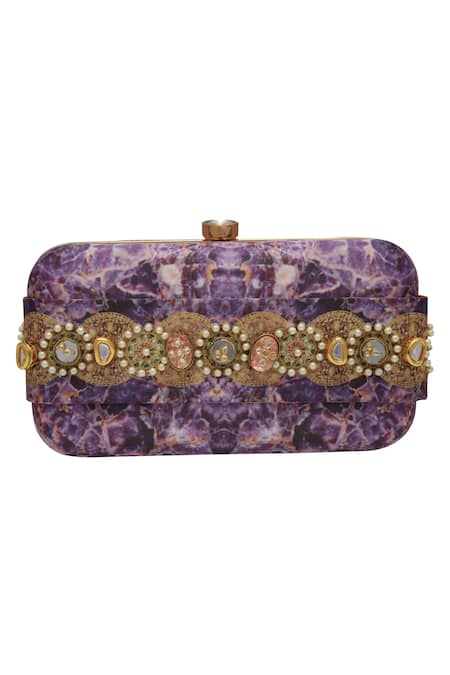 Puneet Gupta Purple Jewel Print Kundan Embellished Clutch And Pocket Square 