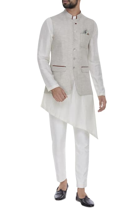 Puneet Gupta_Cream Royal Print Pearl Peacock Clutch And Pocket Square Gift Box_at_Aza_Fashions