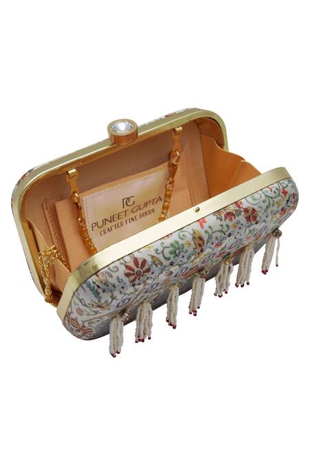 Buy_Puneet Gupta_Cream Royal Print Pearl Peacock Clutch And Pocket Square Gift Box_Online_at_Aza_Fashions