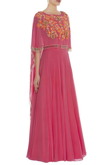 Ushma Vaidya_Pink Georgette Embroidered Tassel Round Attached Cape Gown  _Online_at_Aza_Fashions