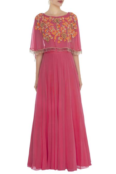 Shop_Ushma Vaidya_Pink Georgette Embroidered Tassel Round Attached Cape Gown  _Online_at_Aza_Fashions