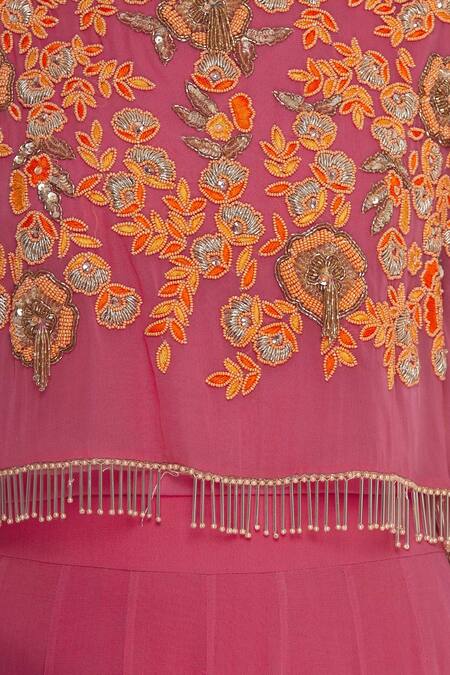 Ushma Vaidya_Pink Georgette Embroidered Tassel Round Attached Cape Gown  _at_Aza_Fashions