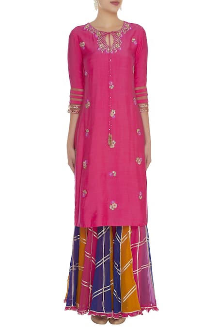 Shop_Ushma Vaidya_Pink Malmal Embroidered Badla Keyhole Gota Work Sharara Kurta Set  _Online_at_Aza_Fashions