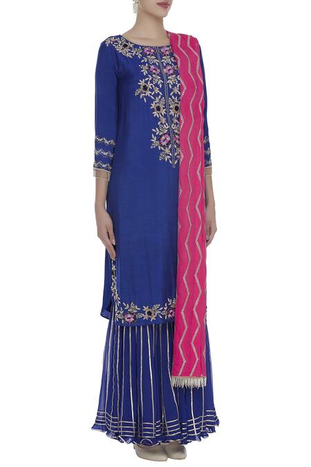 Ushma Vaidya_Blue Malmal Embroidered Gota Round And Bead Work Sharara Set  _Online_at_Aza_Fashions