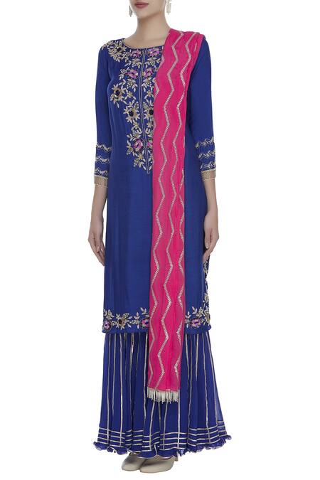 Buy_Ushma Vaidya_Blue Malmal Embroidered Gota Round And Bead Work Sharara Set  _Online_at_Aza_Fashions