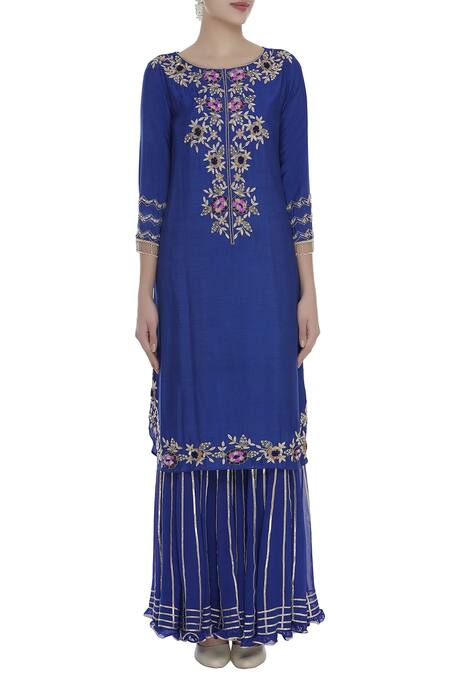 Shop_Ushma Vaidya_Blue Malmal Embroidered Gota Round And Bead Work Sharara Set  _Online_at_Aza_Fashions
