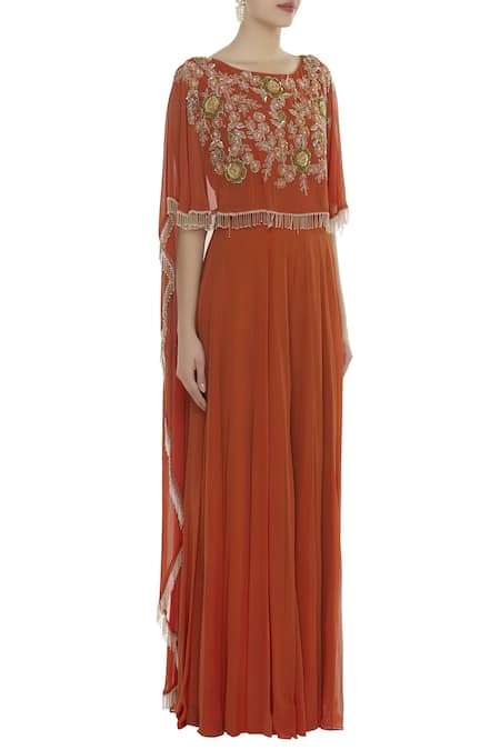 Ushma Vaidya_Orange Embroidery Cape Jumpsuit  _Online_at_Aza_Fashions
