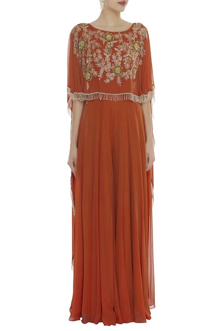 Shop_Ushma Vaidya_Orange Embroidery Cape Jumpsuit  _Online_at_Aza_Fashions