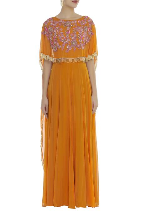 Shop_Ushma Vaidya_Orange Embroidered Cape Jumpsuit  _Online_at_Aza_Fashions