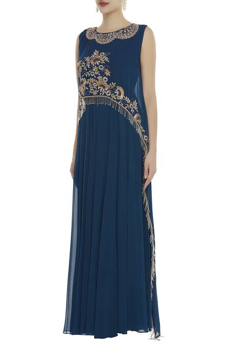 Buy_Ushma Vaidya_Blue Georgette Embroidered Round Cape Gown  _Online_at_Aza_Fashions