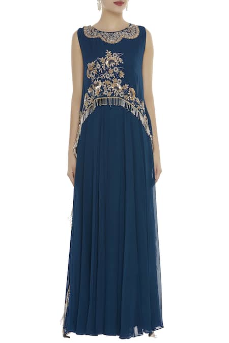 Shop_Ushma Vaidya_Blue Georgette Embroidered Round Cape Gown  _Online_at_Aza_Fashions