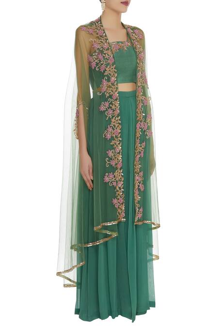 Ushma Vaidya_Green Floral Motif Crop Top Asymmetric One Embroidered Jacket And Pant Set _Online_at_Aza_Fashions