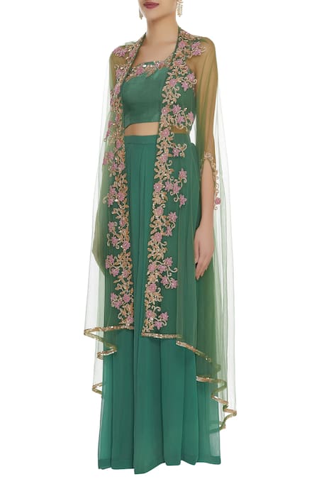 Buy_Ushma Vaidya_Green Floral Motif Crop Top Asymmetric One Embroidered Jacket And Pant Set _Online_at_Aza_Fashions